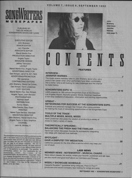 Songwriters Musepaper - Volume 7 Issue 9 -  September 1992 - Songwriters Expo 16 - Interview: Jennifer Warnes