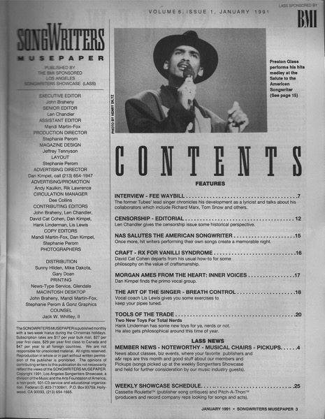 Songwriters Musepaper - Volume 6 Issue 1 - January 1991 - Interview: Fee Waybill