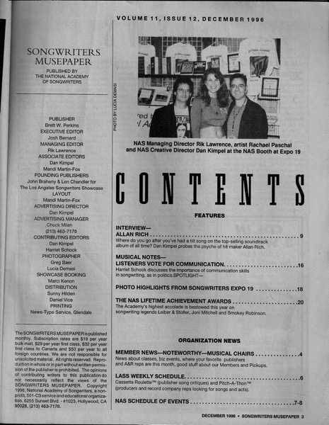 Songwriters Musepaper - Volume 11 Issue 12 December 1996 - Interview: Allan Rich