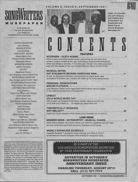 Songwriters Musepaper - Volume 6 Issue 9 - September 1991 - Interview: Oleta Adams