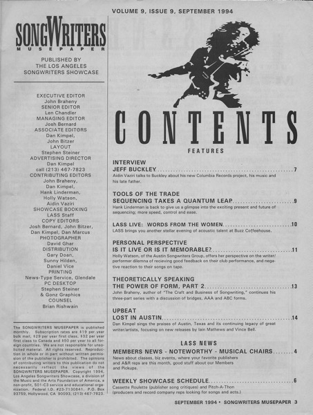 Songwriter Musepaper - Volume 9 Issue 9 - September 1994 - Interview: Jeff Buckley