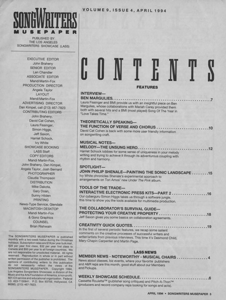 Songwriters Musepaper - Volume 9 Issue 4 - April 1994 - Interview: Ben Margulies