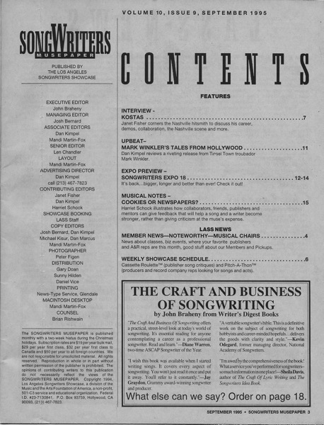 Songwriters Museupaper - Volume 10 Issue 9 - September 1995 - Interview: Kostas